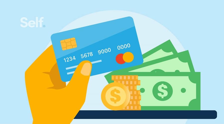 illustration of someone holding a credit card in front of a pile of money