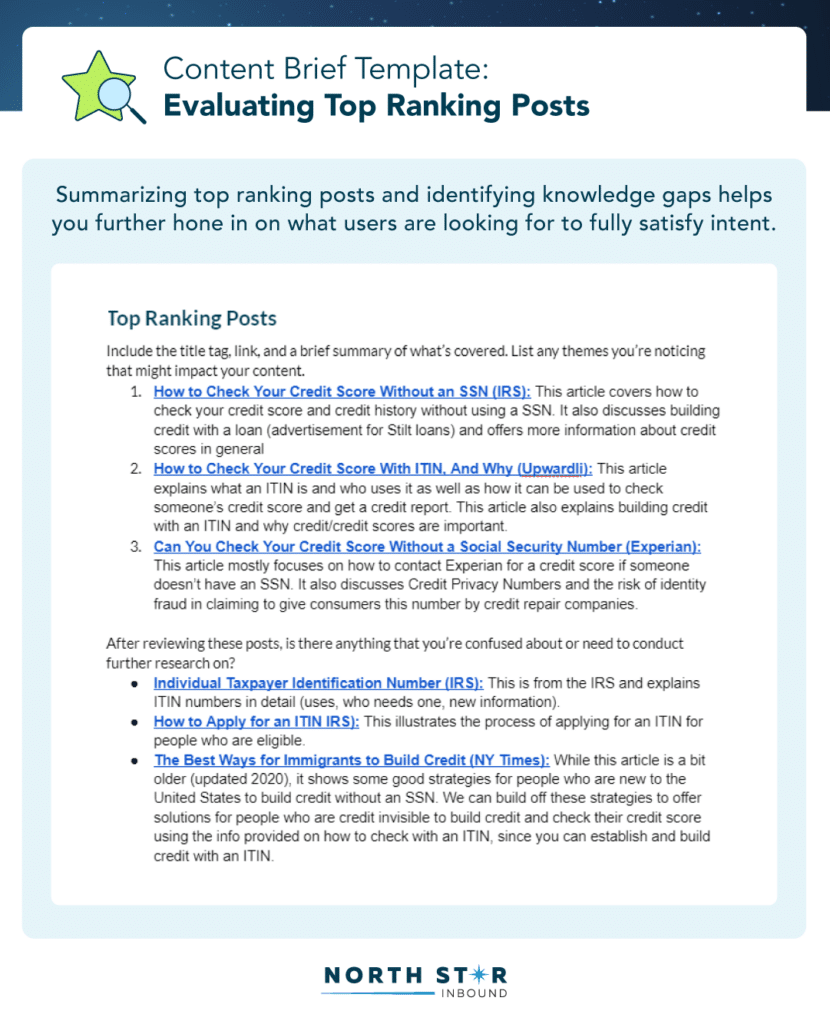 evaluating top ranking posts content brief template